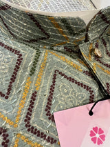 Greenish Grey Designer Kurta with Floral Digital Print in Soft Butter Silk with Thread and Sequence Work | Mens Ethnic Wear | Kurta Store - Kaash