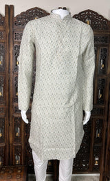 Greenish Grey Ikkat men's kurta pajama in linen silk with ikkat digital print on linen silk — Kaash Collection
