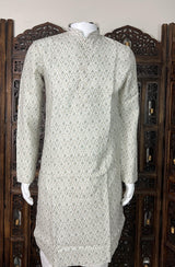 Greenish Grey Ikkat Digital Printed Linen Silk Kurta Pajama - Kaash