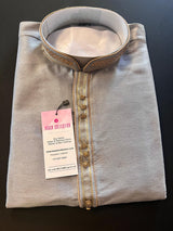 Grey men's kurta pajama in soft silk with plain body with neckline & collar detail — Kaash Collection