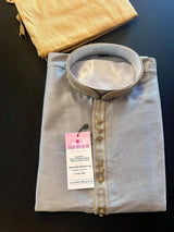 Grey men's kurta pajama in soft silk with plain body with neckline & collar detail — Kaash Collection