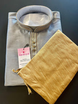 Grey men's kurta pajama in soft silk with plain body with neckline & collar detail — Kaash Collection