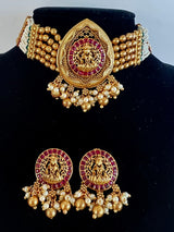 Handmade Antique Gold Finish Choker and Earrings Set with Laxhmi Image | Stones and Pearls | Choker Set | Indian Jewelry | Handmade Jewelry - Kaash