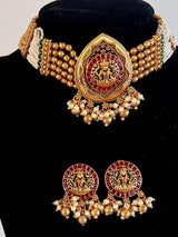 Handmade Antique Gold Finish Choker and Earrings Set with Laxhmi Image | Stones and Pearls | Choker Set | Indian Jewelry | Handmade Jewelry - Kaash