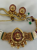 Handmade Antique Gold Finish Choker and Earrings Set with Laxhmi Image | Stones and Pearls | Choker Set | Indian Jewelry | Handmade Jewelry - Kaash