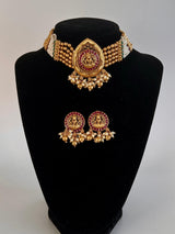 Handmade Antique Gold Finish Choker and Earrings Set with Laxhmi Image | Stones and Pearls | Choker Set | Indian Jewelry | Handmade Jewelry - Kaash