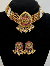 Handmade Antique Gold Finish Choker and Earrings Set with Laxhmi Image | Stones and Pearls | Choker Set | Indian Jewelry | Handmade Jewelry - Kaash