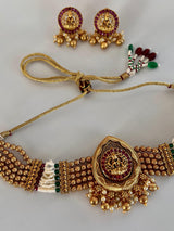 Handmade Antique Gold Finish Choker and Earrings Set with Laxhmi Image | Stones and Pearls | Choker Set | Indian Jewelry | Handmade Jewelry - Kaash