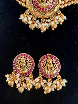 Handmade Antique Gold Finish Choker and Earrings Set with Laxhmi Image | Stones and Pearls | Choker Set | Indian Jewelry | Handmade Jewelry - Kaash