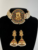 Handmade Antique Gold Finish Choker and Earrings Set with Lord Ganesha Carving - Kaash