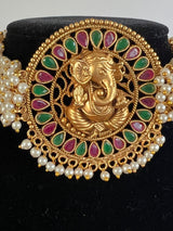 Handmade Antique Gold Finish Choker and Earrings Set with Lord Ganesha Carving | with Pearls and Kamp Stones | Choker Set | Indian Jewelry - Kaash
