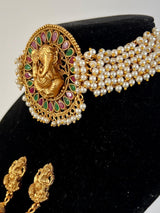 Handmade Antique Gold Finish Choker and Earrings Set with Lord Ganesha Carving | with Pearls and Kamp Stones | Choker Set | Indian Jewelry - Kaash
