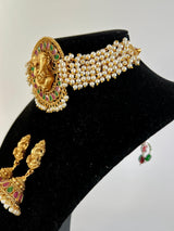 Handmade Antique Gold Finish Choker and Earrings Set with Lord Ganesha Carving | with Pearls and Kamp Stones | Choker Set | Indian Jewelry - Kaash