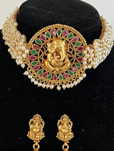 Handmade Antique Gold Finish Choker and Earrings Set with Lord Ganesha Carving | with Pearls and Kamp Stones | Choker Set | Indian Jewelry - Kaash