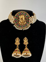 Handmade Antique Gold Finish Choker and Earrings Set with Lord Ganesha Carving | with Pearls and Kamp Stones | Choker Set | Indian Jewelry - Kaash