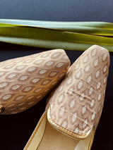 Gold handmade men's jutti / mojari wedding shoes in brocade with traditional brocade weaving — Kaash Collection
