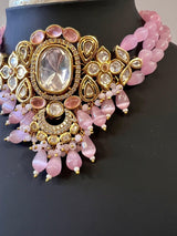 Handmade Statement Bollywood Chokar Style Necklace in Polki with CZ with Monalisa Beads in Baby Pink - Kaash