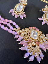 Handmade Statement Bollywood Chokar Style Necklace in Polki with CZ with Monalisa Beads in Baby Pink - Kaash