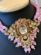 Handmade Statement Bollywood Chokar Style Necklace in Polki with CZ with Monalisa Beads in Baby Pink | Statement Party Wear Set for Women - Kaash