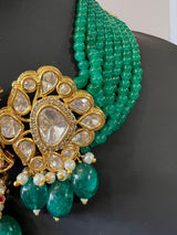 Handmade Statement Bollywood Chokar Style Necklace in Polki with CZ with Monalisa Beads in Bottle Green - Kaash