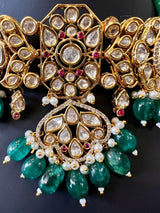 Handmade Statement Bollywood Chokar Style Necklace in Polki with CZ with Monalisa Beads in Bottle Green - Kaash