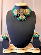 Handmade Statement Bollywood Chokar Style Necklace in Polki with CZ with Monalisa Beads in Bottle Green | Statement Party Wear Set for Women - Kaash