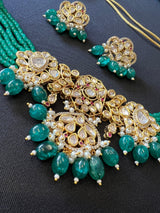 Handmade Statement Bollywood Chokar Style Necklace in Polki with CZ with Monalisa Beads in Bottle Green | Statement Party Wear Set for Women - Kaash