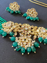 Handmade Statement Bollywood Chokar Style Necklace in Polki with CZ with Monalisa Beads in Bottle Green | Statement Party Wear Set for Women - Kaash