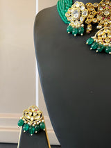 Handmade Statement Bollywood Chokar Style Necklace in Polki with CZ with Monalisa Beads in Bottle Green | Statement Party Wear Set for Women - Kaash