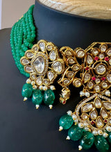 Handmade Statement Bollywood Chokar Style Necklace in Polki with CZ with Monalisa Beads in Bottle Green | Statement Party Wear Set for Women - Kaash