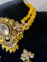 Handmade Statement Bollywood Choker Style Necklace in Polki with CZ with Monalisa Beads in Mustard Yellow - Kaash