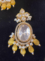 Handmade Statement Bollywood Choker Style Necklace in Polki with CZ with Monalisa Beads in Mustard Yellow - Kaash