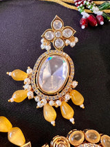 Handmade Statement Bollywood Choker Style Necklace in Polki with CZ with Monalisa Beads in Mustard Yellow - Kaash