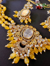 Handmade Statement Bollywood Choker Style Necklace in Polki with CZ with Monalisa Beads in Mustard Yellow - Kaash