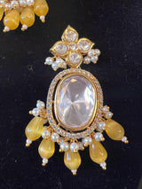 Handmade Statement Bollywood Choker Style Necklace in Polki with CZ with Monalisa Beads in Mustard Yellow | Statement Party Jewelry - Kaash