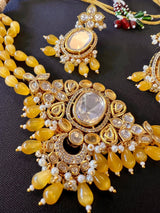 Handmade Statement Bollywood Choker Style Necklace in Polki with CZ with Monalisa Beads in Mustard Yellow | Statement Party Jewelry - Kaash