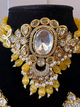 Handmade Statement Bollywood Choker Style Necklace in Polki with CZ with Monalisa Beads in Mustard Yellow | Statement Party Jewelry - Kaash