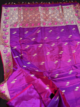 Handwoven Purple Color Pure Katan Silk Saree with Gold Zari Weave with Paithani broders and Pallu | Pure Silk Sarees | | SILK MARK CERTIFIED - Kaash