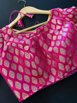 Hot Pink Readymade Blouse with Gold Buttis in Pure Banarasi Silk | Readymade Blouses | Hot Pink Blouse | Stitched Blouse | Kaash Collection - Kaash