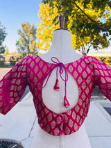 Hot Pink Readymade Blouse with Gold Buttis in Pure Banarasi Silk | Readymade Blouses | Hot Pink Blouse | Stitched Blouse | Kaash Collection - Kaash
