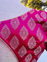 Hot Pink Readymade Blouse with Gold Buttis in Pure Banarasi Silk | Readymade Blouses | Hot Pink Blouse | Stitched Blouse | Kaash Collection - Kaash