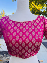 Hot Pink Readymade Blouse with Gold Buttis in Pure Banarasi Silk | Readymade Blouses | Hot Pink Blouse | Stitched Blouse | Kaash Collection - Kaash