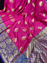 Hot Pink with Blue Banarasi saree in banarasi silk with double lotus borders with 7" width — Kaash Collection