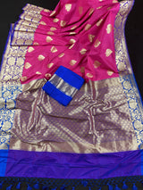 Hot Pink with Blue Traditional Banarasi Handloom Saree - Kaash