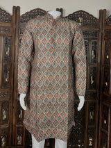 Ikkat Digital Printed Linen Silk Kurta with White Cotton Pajama - Kaash