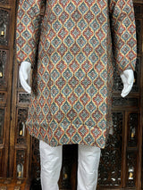 Ikkat Digital Printed Linen Silk Kurta with White Cotton Pajama - Kaash