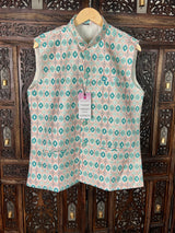 Ikkat Print Designer Multi-Color Soft Silk Jacket with Sequence Work in Teal Green | Jacket for Kurta | Groomsmen Wedding Jacket for Kurta - Kaash