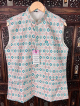Ikkat Print Designer Multi-Color Soft Silk Jacket with Sequence Work in Teal Green | Jacket for Kurta | Groomsmen Wedding Jacket for Kurta - Kaash