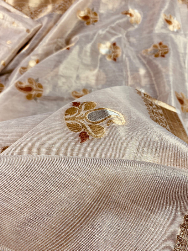 Off White with tint of Gold Linen Soft Tissue Silk Saree with Banarasi Borders and Pallu | Light Weight Saree | Kaash Collection