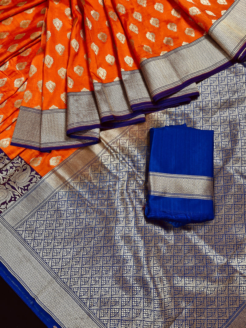 Orange Traditional Banarasi handloom Saree Silk with Purple Wide  Borders and Blue Pallu | Banarasi Silk Saree | Kaash Collection